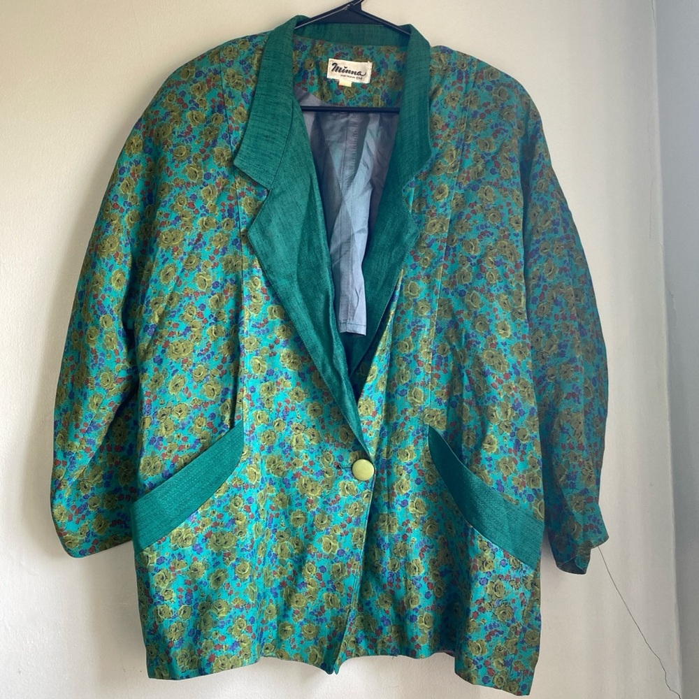 Vintage-style Teal Floral Women's Blazer Jacket